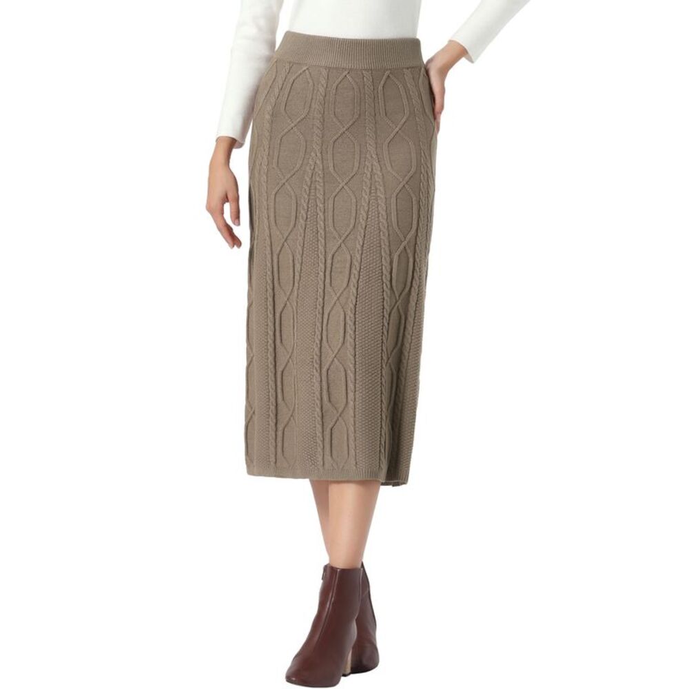 Women Cable Knit Sweater Skirt High Waist Casual Maxi Skirt Brown